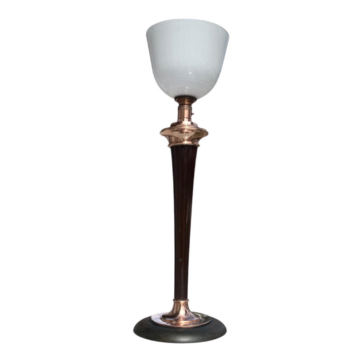 Lampe  Mazda Art Déco  bois laqué, et cuivre opaline 