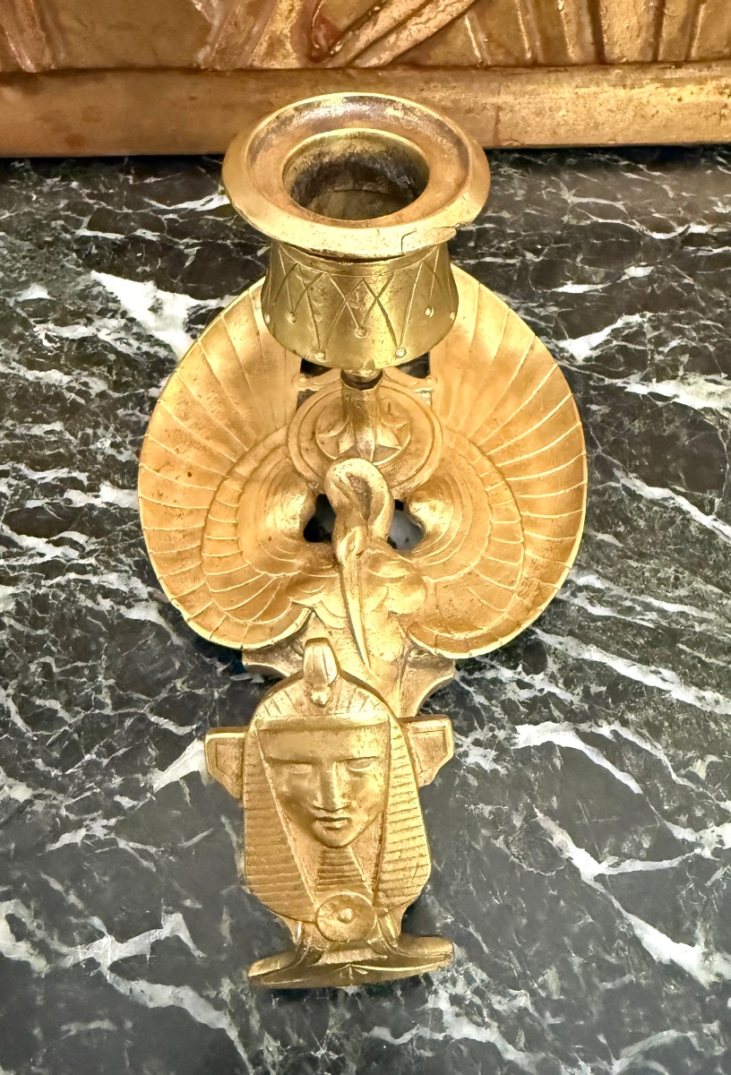 Bougeoir style Néo-égyptien en bronze doré-photo-4