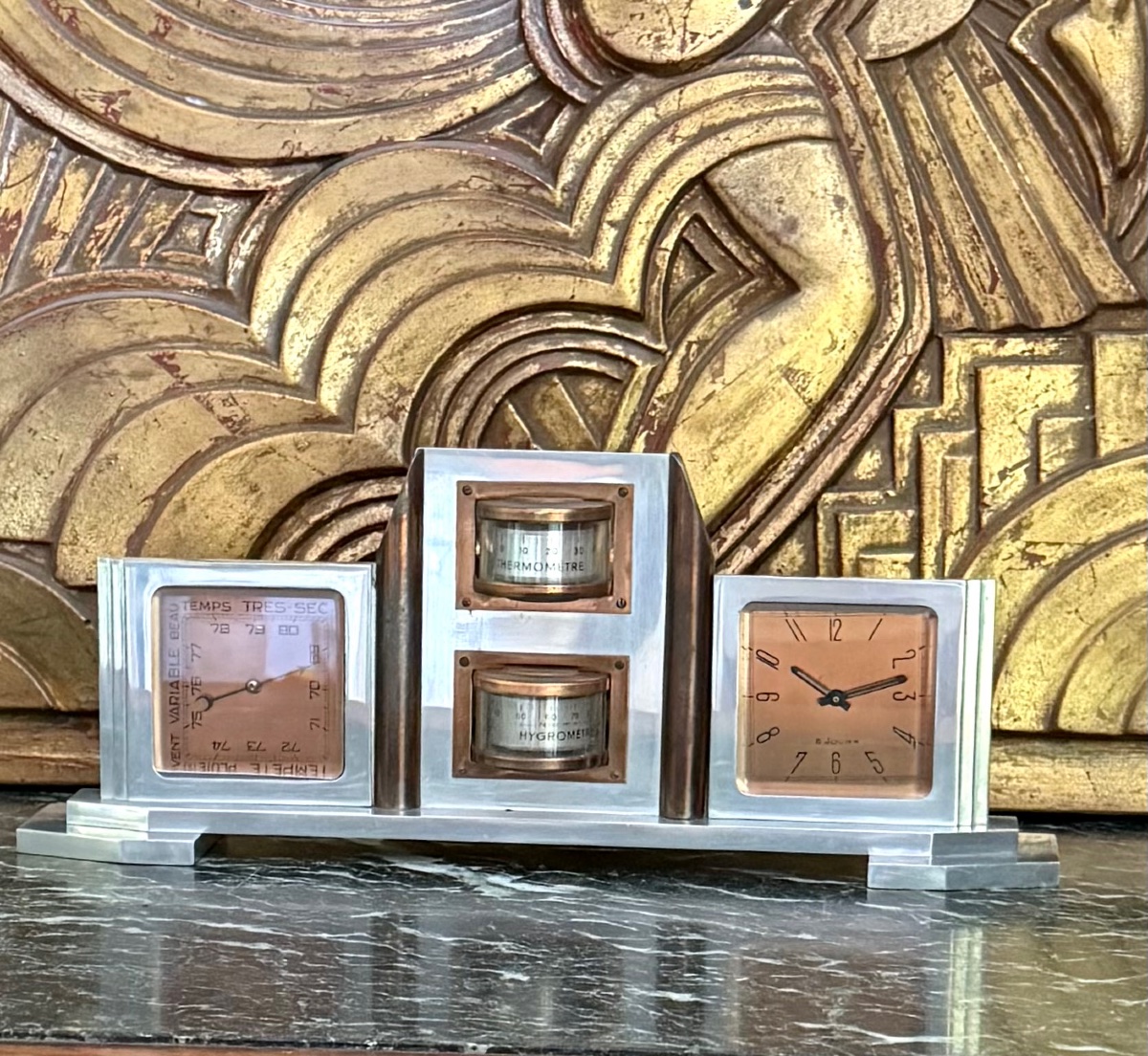 Baromètre d'Aviation / Station Météo Horloge Art Déco Aluminium, Laiton & Bronze (vers 1930)-photo-2