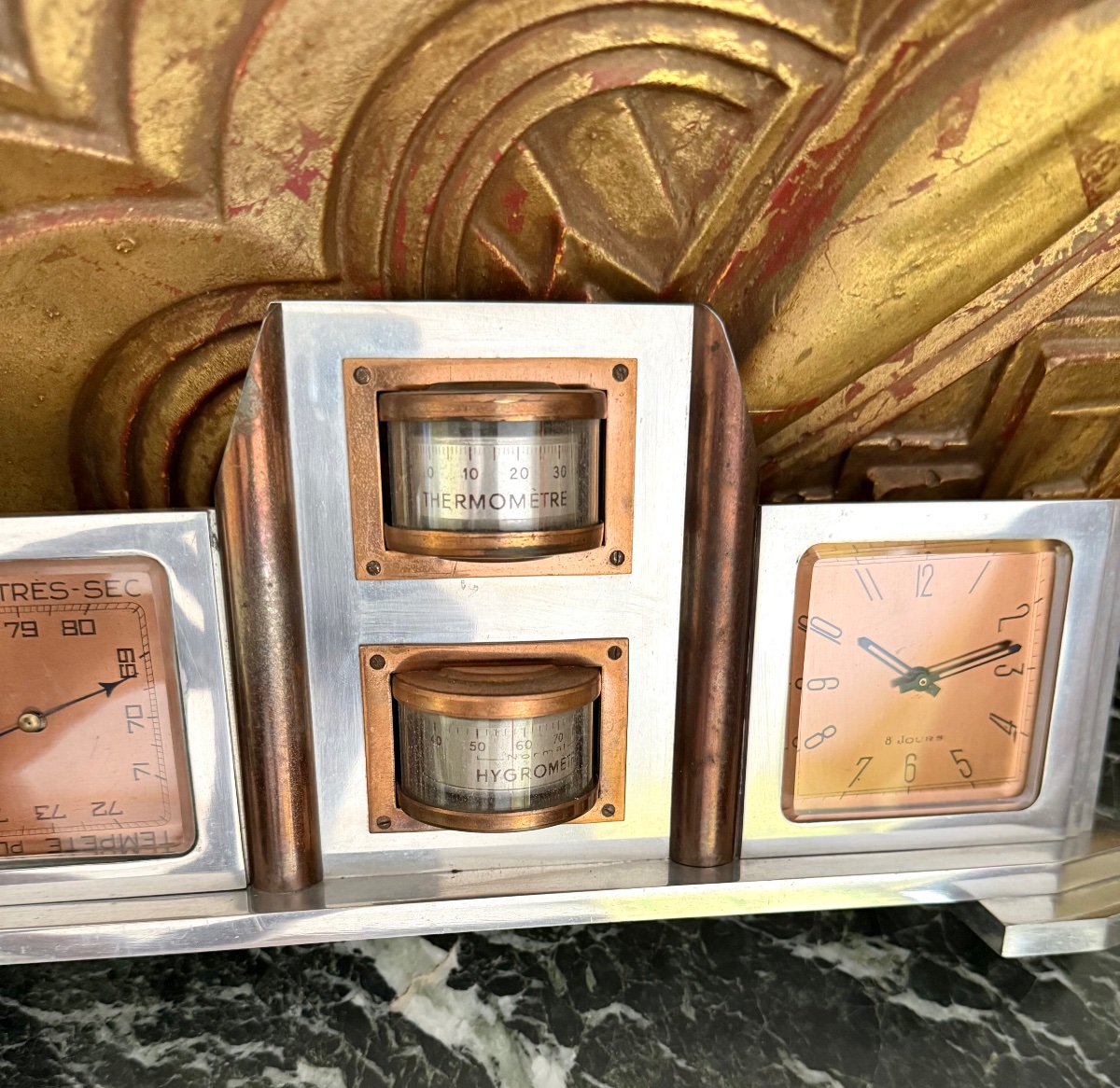 Baromètre d'Aviation / Station Météo Horloge Art Déco Aluminium, Laiton & Bronze (vers 1930)-photo-4