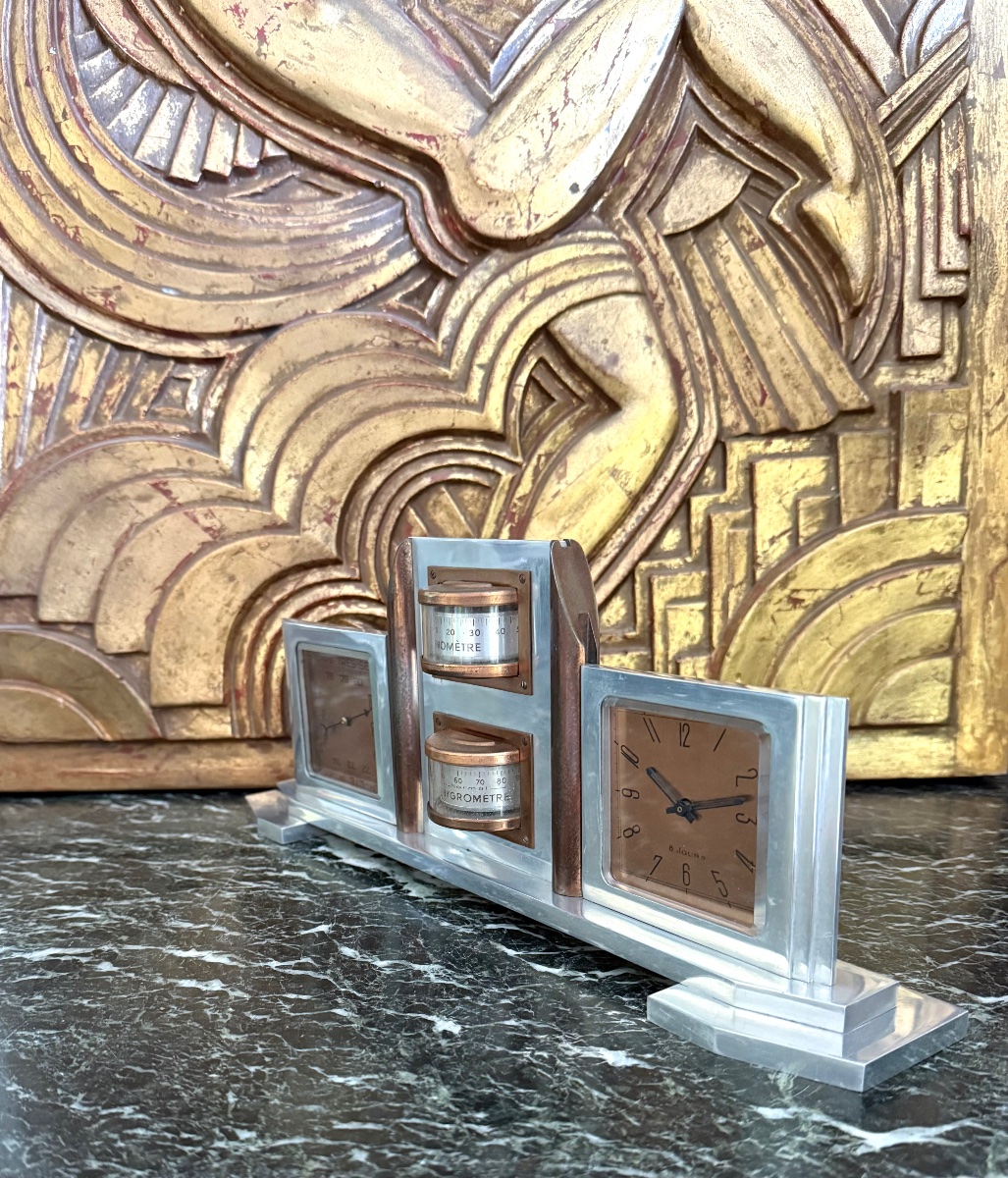 Baromètre d'Aviation / Station Météo Horloge Art Déco Aluminium, Laiton & Bronze (vers 1930)-photo-8