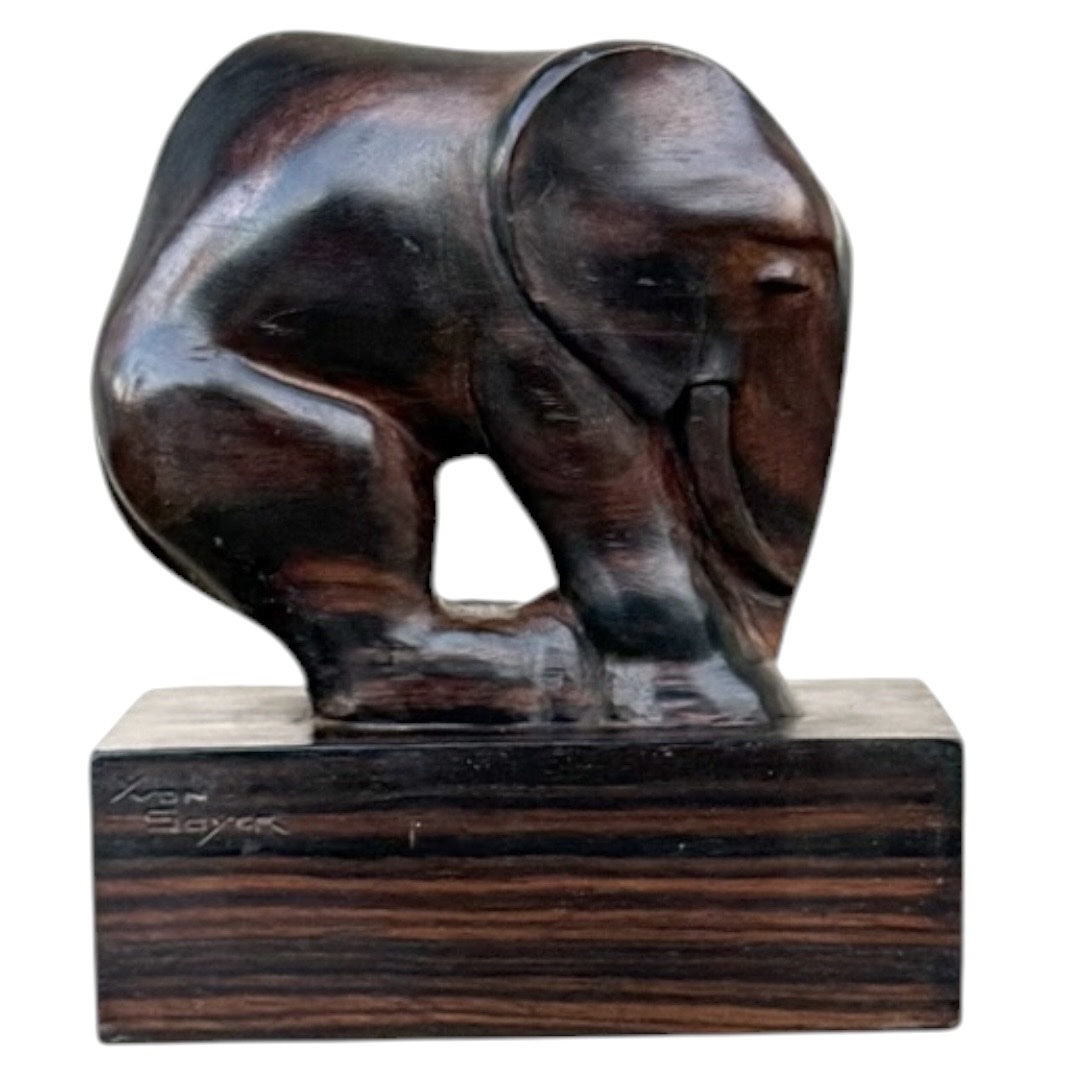 Signed Art Deco Macassar Ebony Elephant Sculpture-photo-1