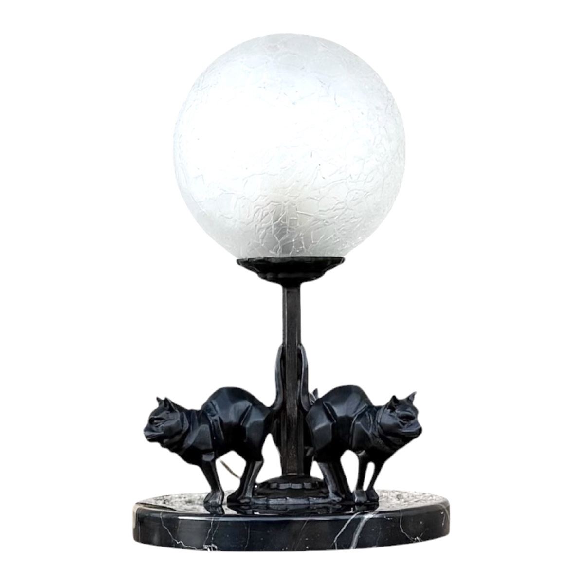 Art Deco Table Lamp Featuring Stylized Cats In Patinated Metal, With A Crackled Glass Globe In Porto Marble-photo-2