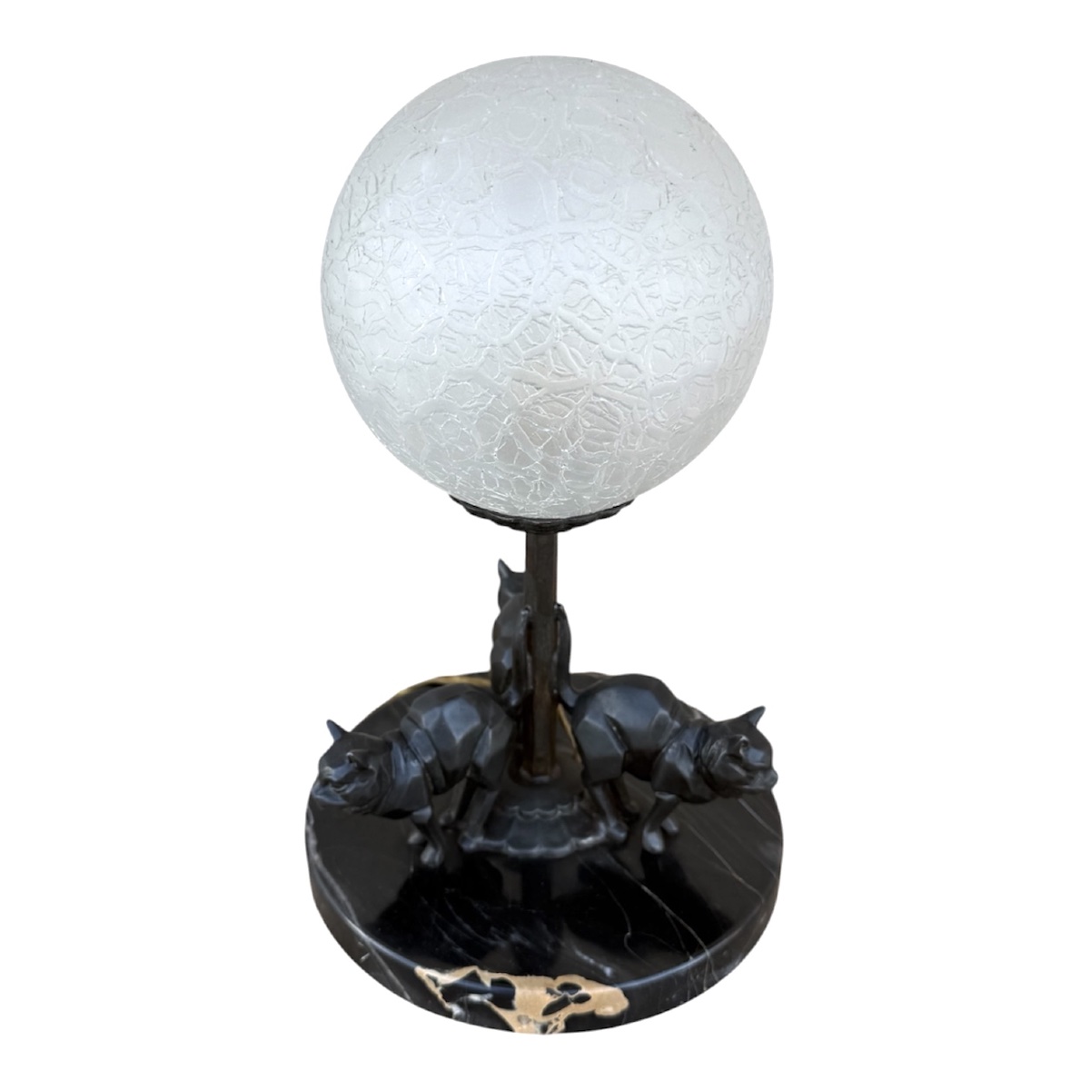 Art Deco Table Lamp Featuring Stylized Cats In Patinated Metal, With A Crackled Glass Globe In Porto Marble-photo-4