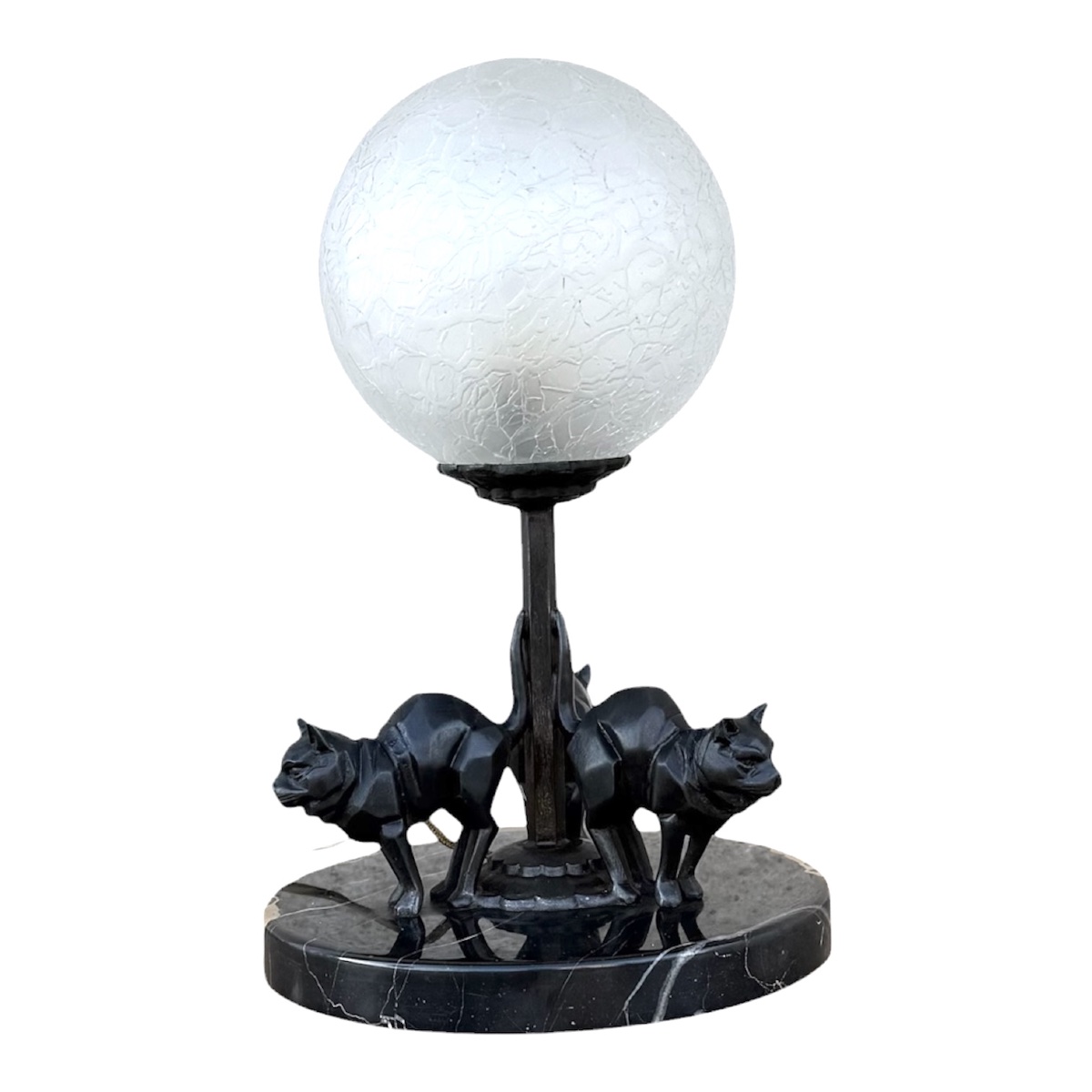 Art Deco Table Lamp Featuring Stylized Cats In Patinated Metal, With A Crackled Glass Globe In Porto Marble