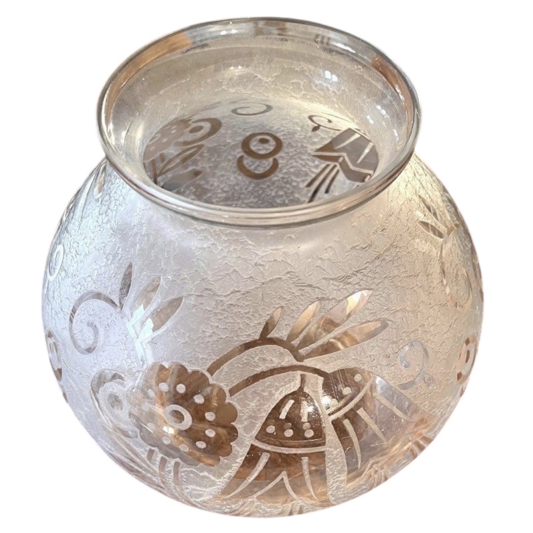 Vase boule Art Déco en verre givré gravé à motif floral  Signé Lorrain France-photo-2