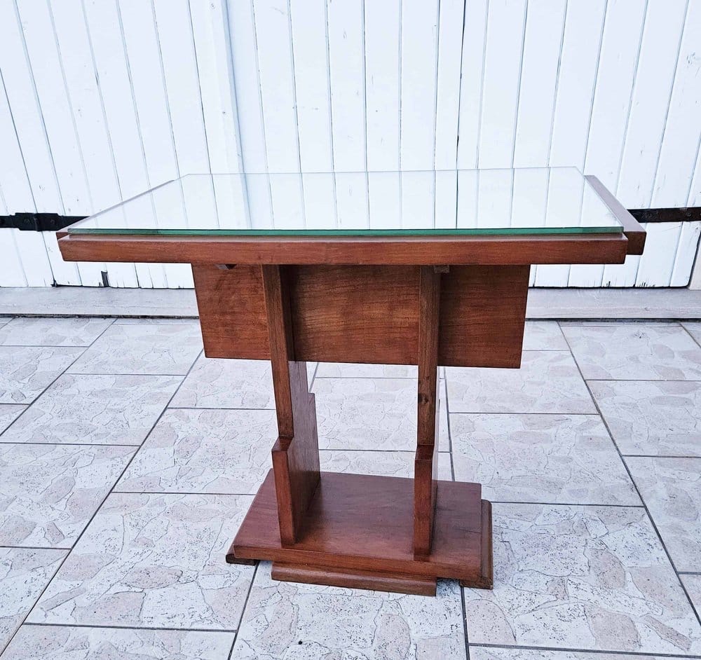 Modernist Art Deco Side Table In Walnut With Glass Top - Circa 1930-photo-3