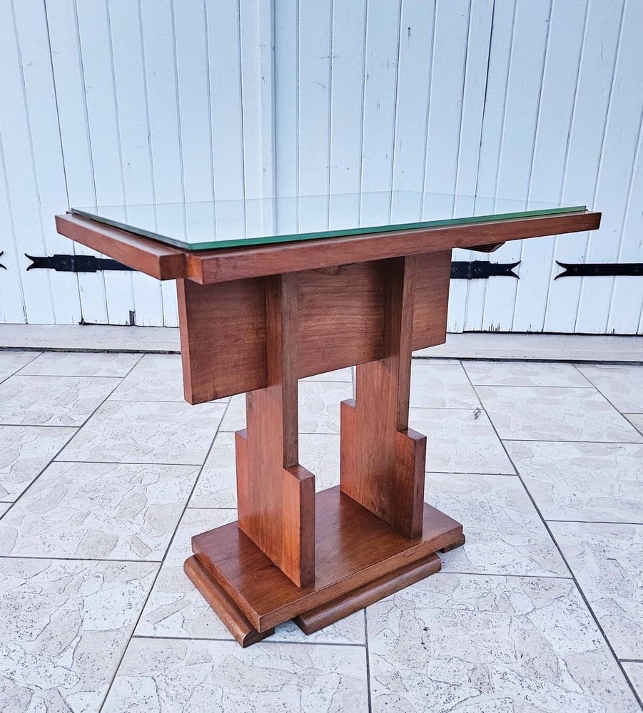 Modernist Art Deco Side Table In Walnut With Glass Top - Circa 1930-photo-1
