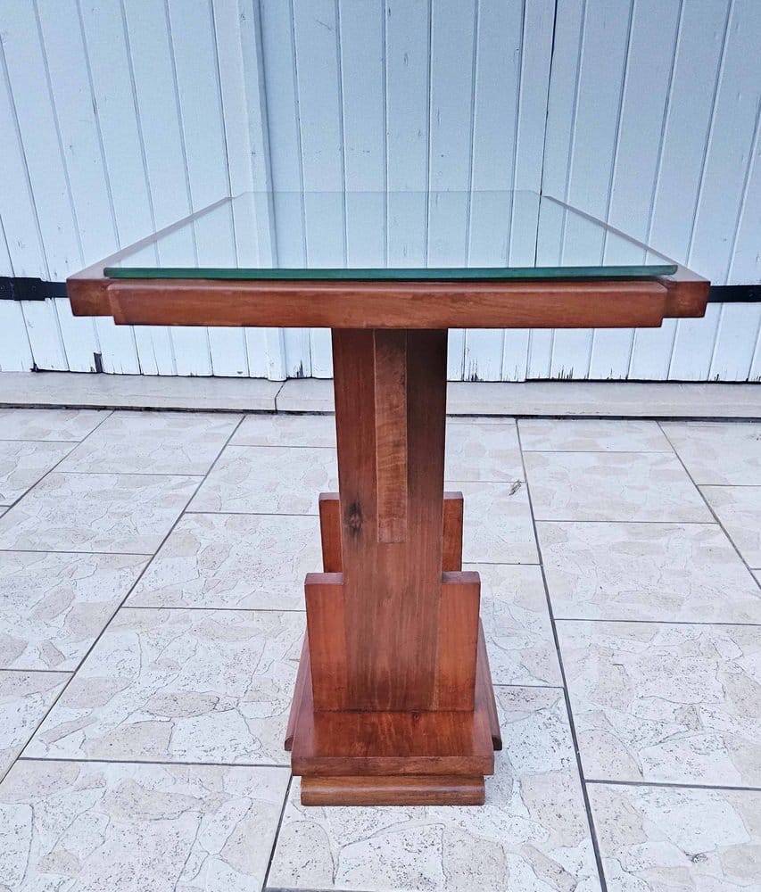 Modernist Art Deco Side Table In Walnut With Glass Top - Circa 1930-photo-2