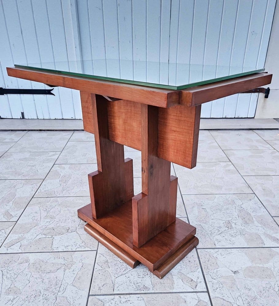 Modernist Art Deco Side Table In Walnut With Glass Top - Circa 1930-photo-3