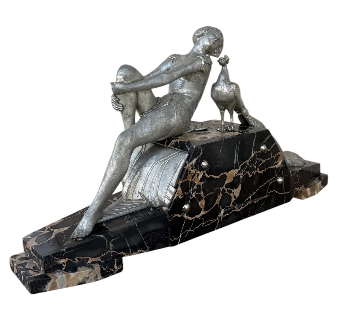 1930 Art Deco Sculpture — Woman With A Peacock — Silver-plated Regule And Portor Marble Base-photo-2