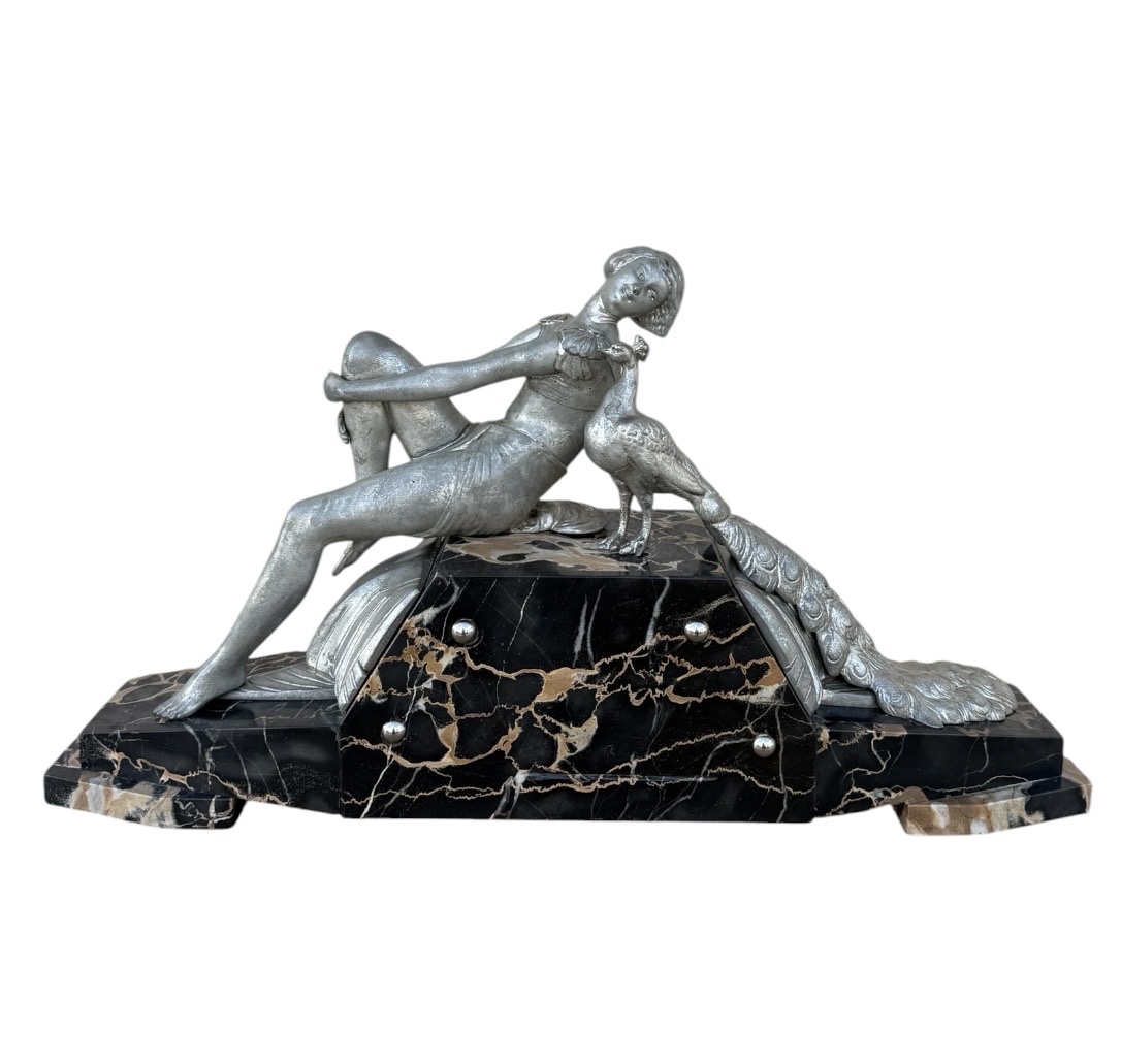1930 Art Deco Sculpture — Woman With A Peacock — Silver-plated Regule And Portor Marble Base-photo-3