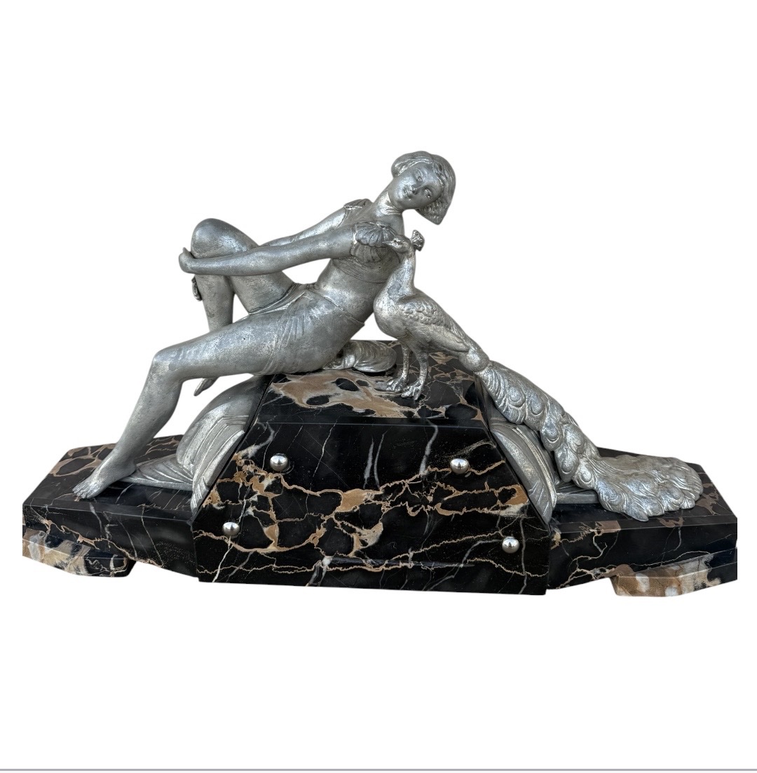 1930 Art Deco Sculpture — Woman With A Peacock — Silver-plated Regule And Portor Marble Base-photo-4