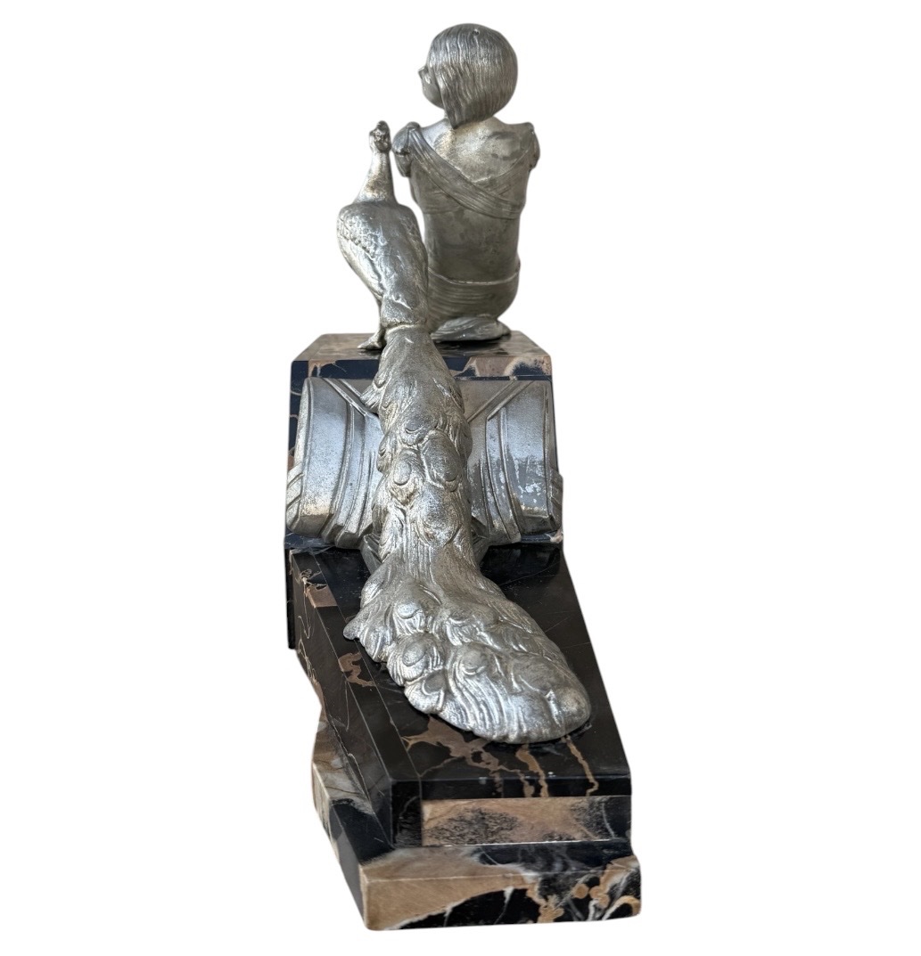 1930 Art Deco Sculpture — Woman With A Peacock — Silver-plated Regule And Portor Marble Base-photo-1