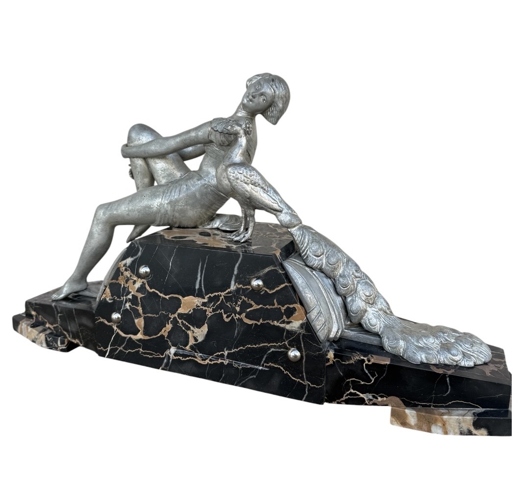 1930 Art Deco Sculpture — Woman With A Peacock — Silver-plated Regule And Portor Marble Base-photo-2