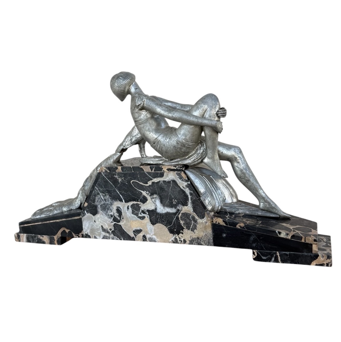 1930 Art Deco Sculpture — Woman With A Peacock — Silver-plated Regule And Portor Marble Base-photo-3