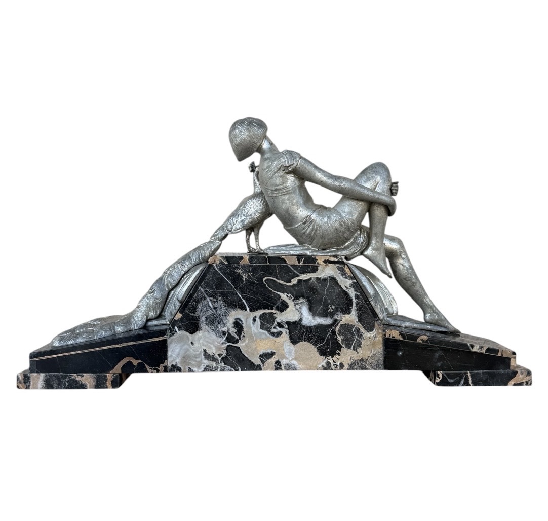 1930 Art Deco Sculpture — Woman With A Peacock — Silver-plated Regule And Portor Marble Base-photo-4