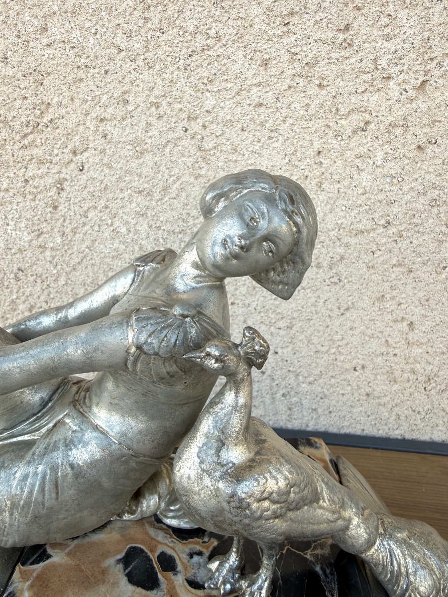 1930 Art Deco Sculpture — Woman With A Peacock — Silver-plated Regule And Portor Marble Base-photo-5