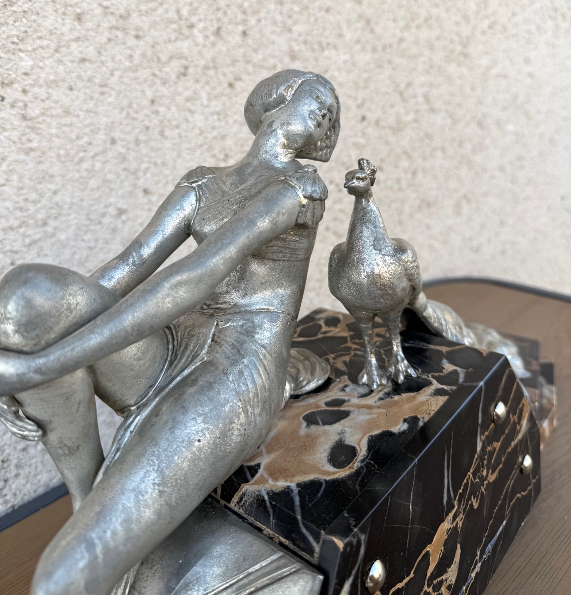 1930 Art Deco Sculpture — Woman With A Peacock — Silver-plated Regule And Portor Marble Base-photo-6
