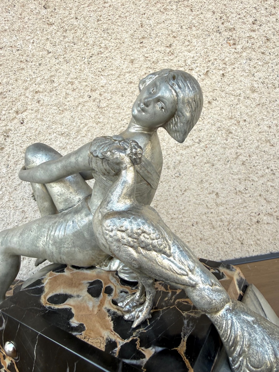 1930 Art Deco Sculpture — Woman With A Peacock — Silver-plated Regule And Portor Marble Base-photo-7
