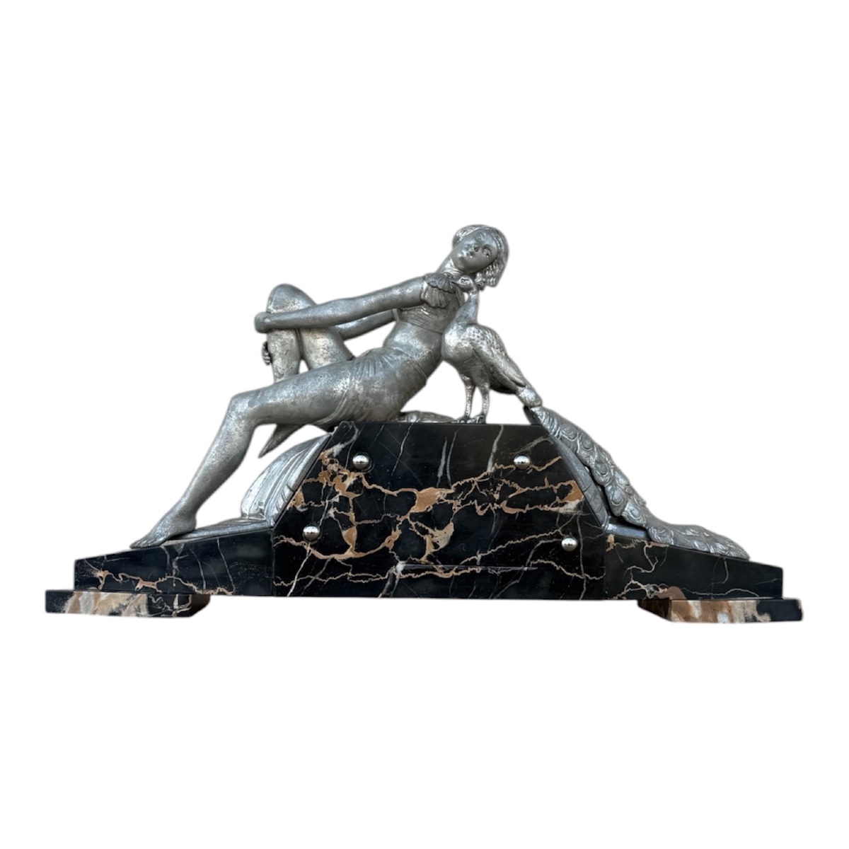 1930 Art Deco Sculpture — Woman With A Peacock — Silver-plated Regule And Portor Marble Base