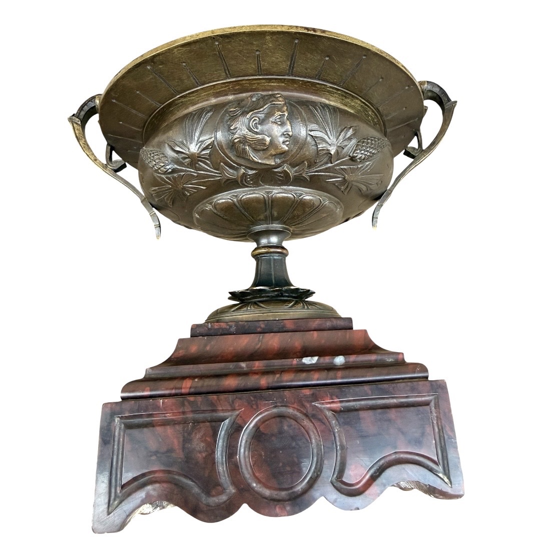 Pair Of Goblets On A Pedestal, Made Of Patinated Bronze And Red Marble, Neo-greek Style, Napoleonic Period-photo-4