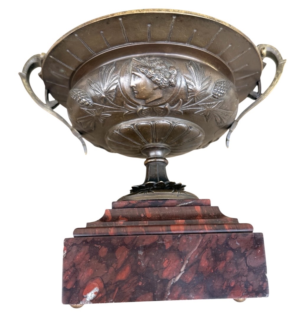 Pair Of Goblets On A Pedestal, Made Of Patinated Bronze And Red Marble, Neo-greek Style, Napoleonic Period-photo-2