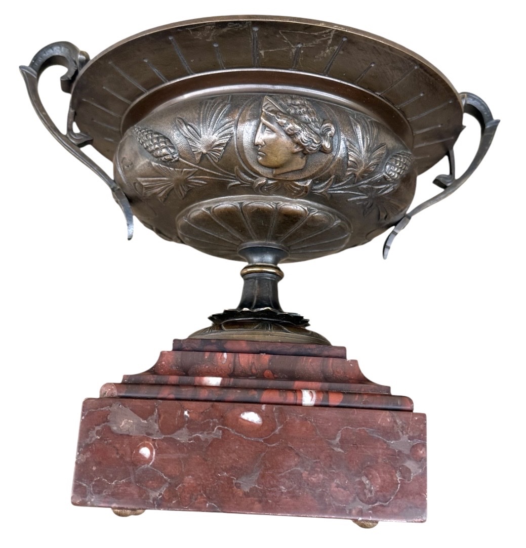 Pair Of Goblets On A Pedestal, Made Of Patinated Bronze And Red Marble, Neo-greek Style, Napoleonic Period-photo-3