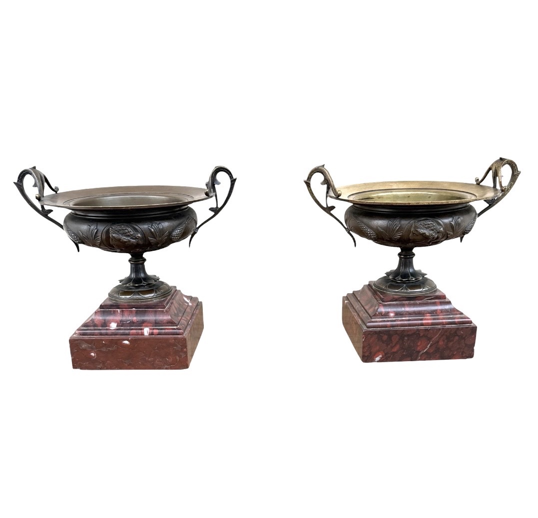 Pair Of Goblets On A Pedestal, Made Of Patinated Bronze And Red Marble, Neo-greek Style, Napoleonic Period-photo-4