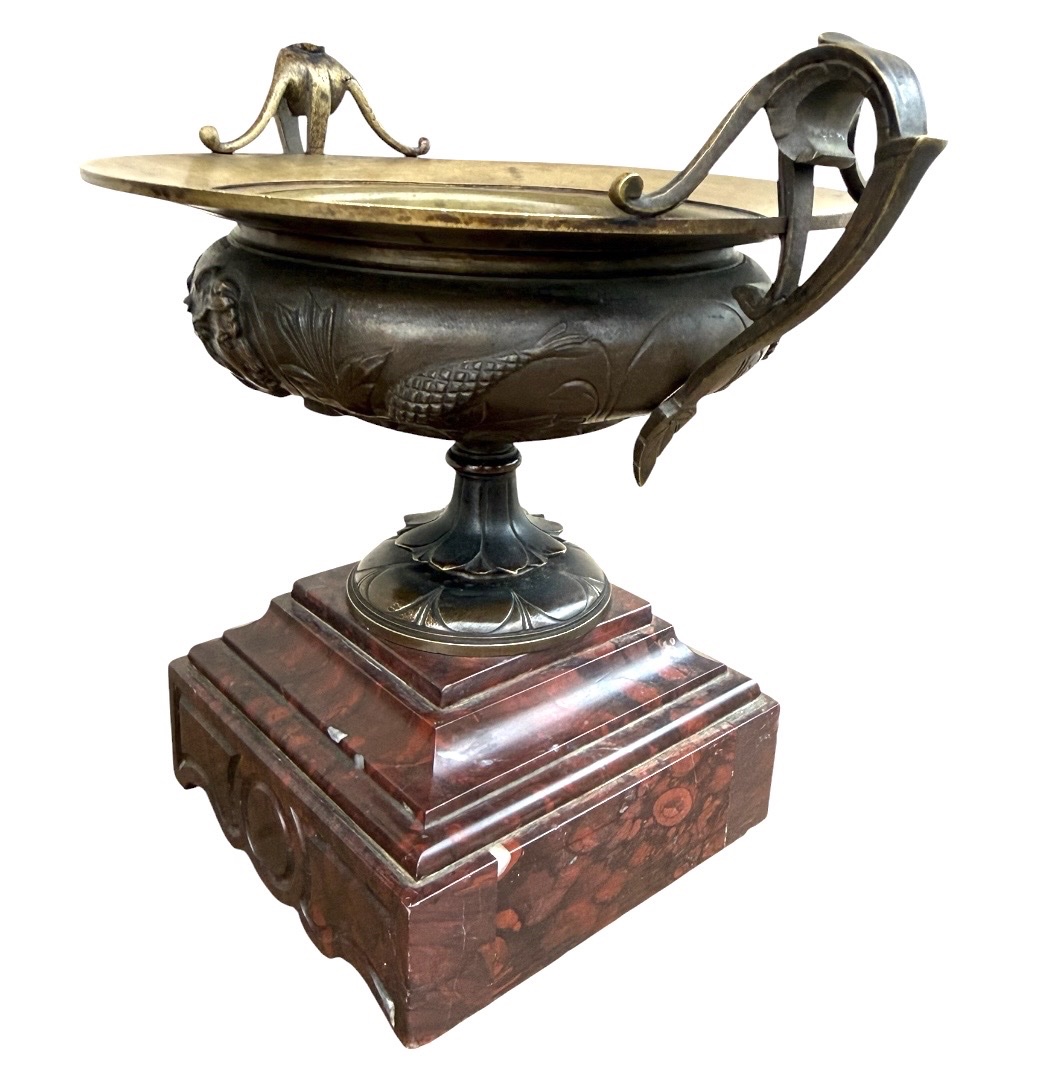 Pair Of Goblets On A Pedestal, Made Of Patinated Bronze And Red Marble, Neo-greek Style, Napoleonic Period-photo-5