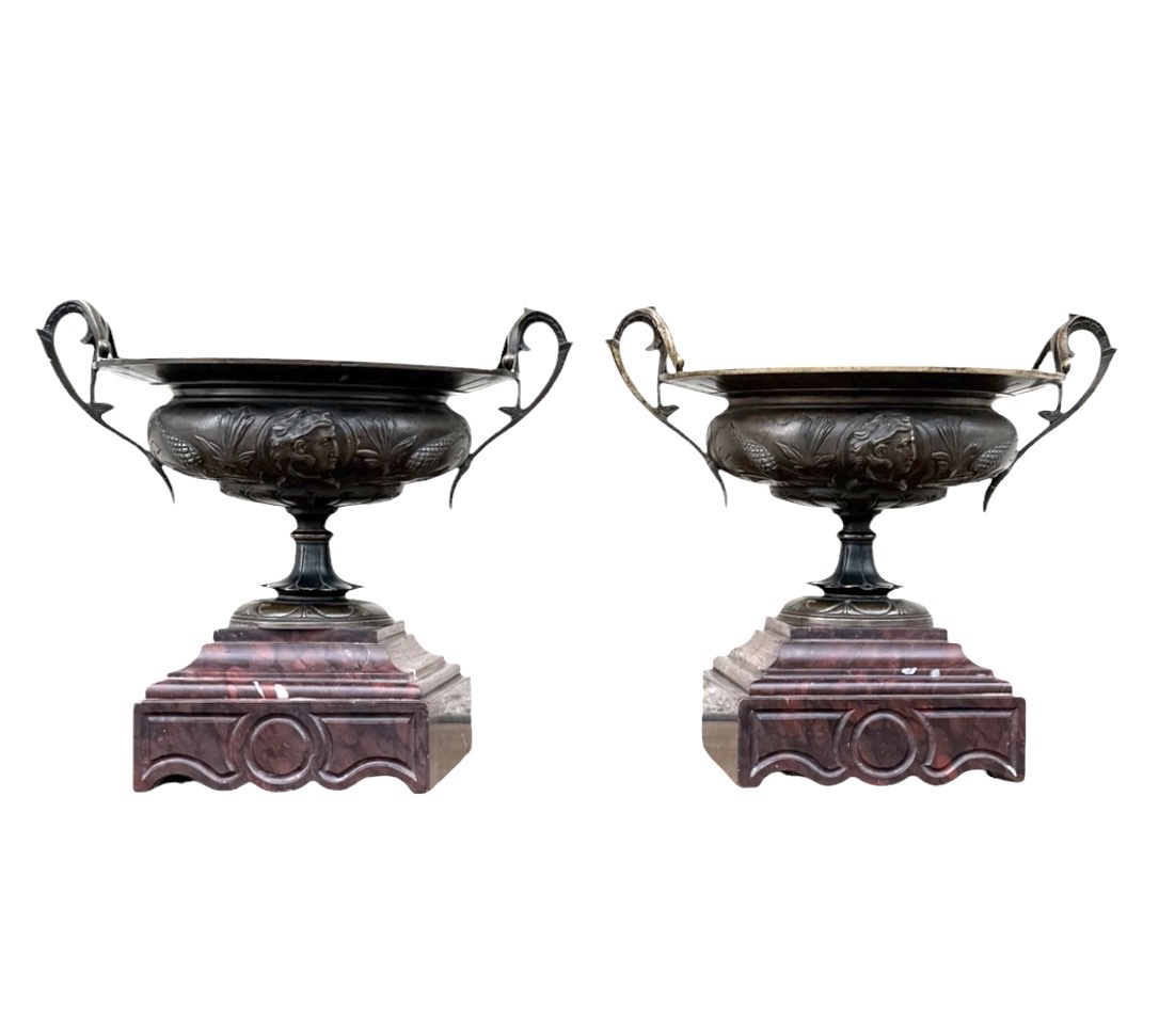 Pair Of Goblets On A Pedestal, Made Of Patinated Bronze And Red Marble, Neo-greek Style, Napoleonic Period