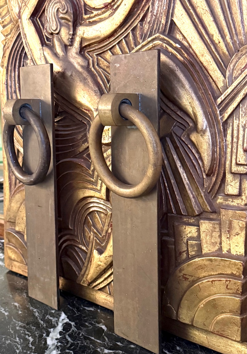Deux grandes paires de poignées de tirage Art déco en bronze à anneaux mobiles, vers 1930-photo-4