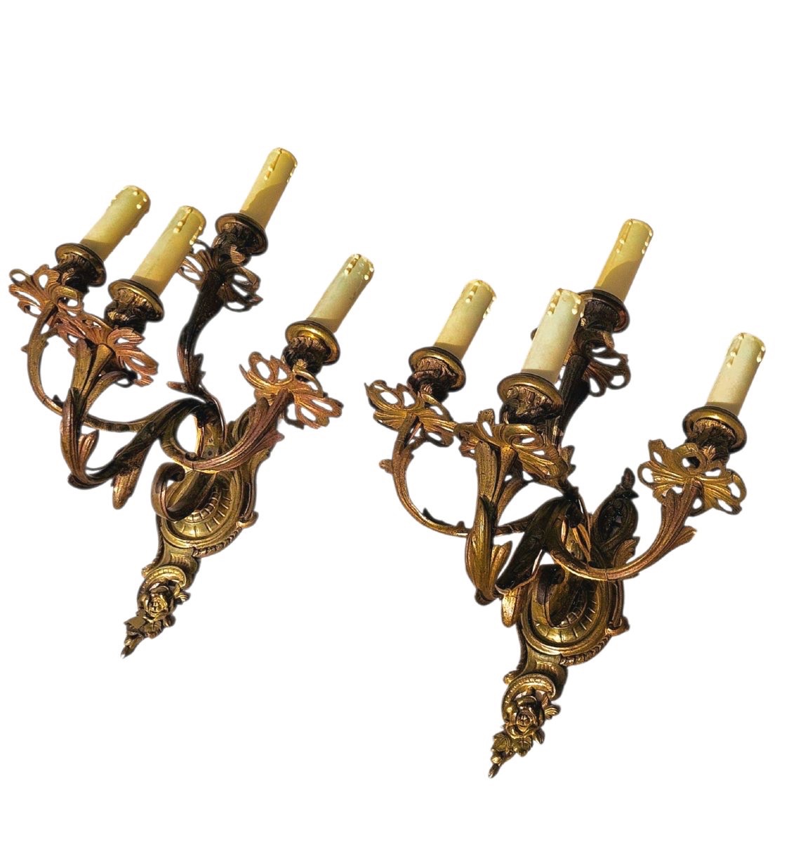 Paire d’appliques à quatre bras de lumière en bronze doré, style Louis XV, fin XIXᵉ siècle-photo-4