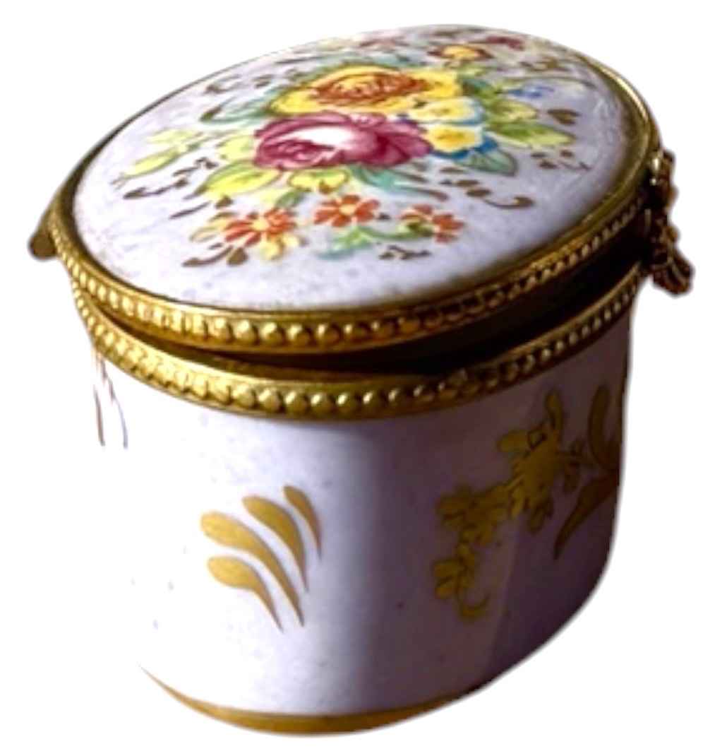Petite boîte ovale en porcelaine peinte à la main, monture en laiton doré-photo-3