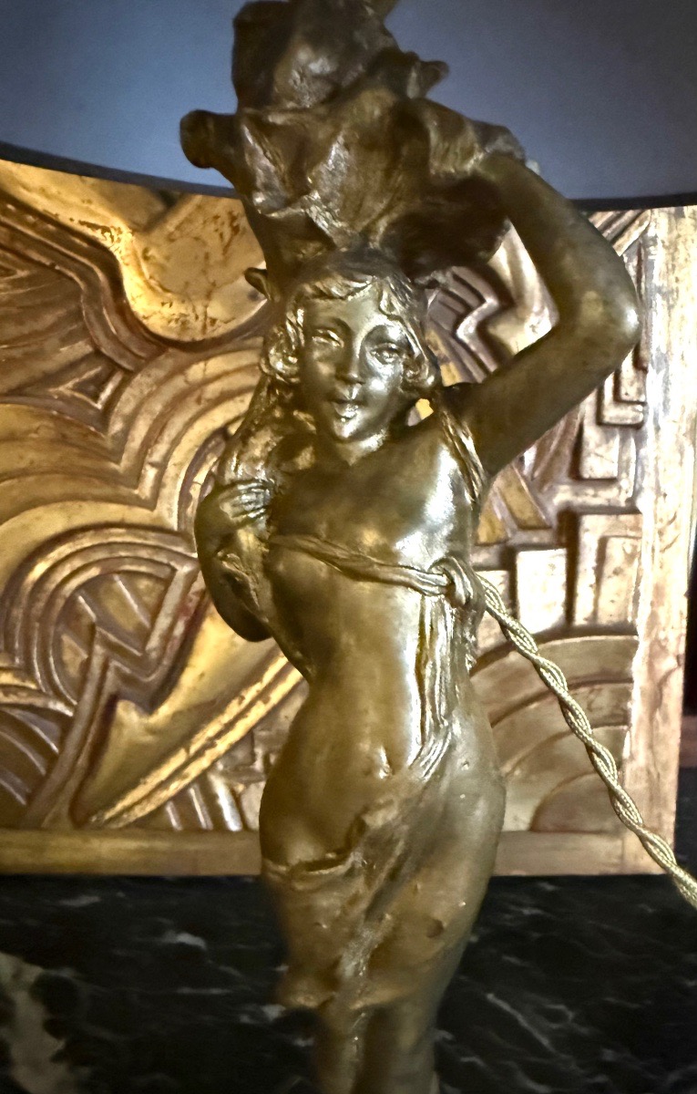 Art Nouveau Lamp, “young Woman With A Cornucopia,” Gilded Bronze Sculpture -photo-2