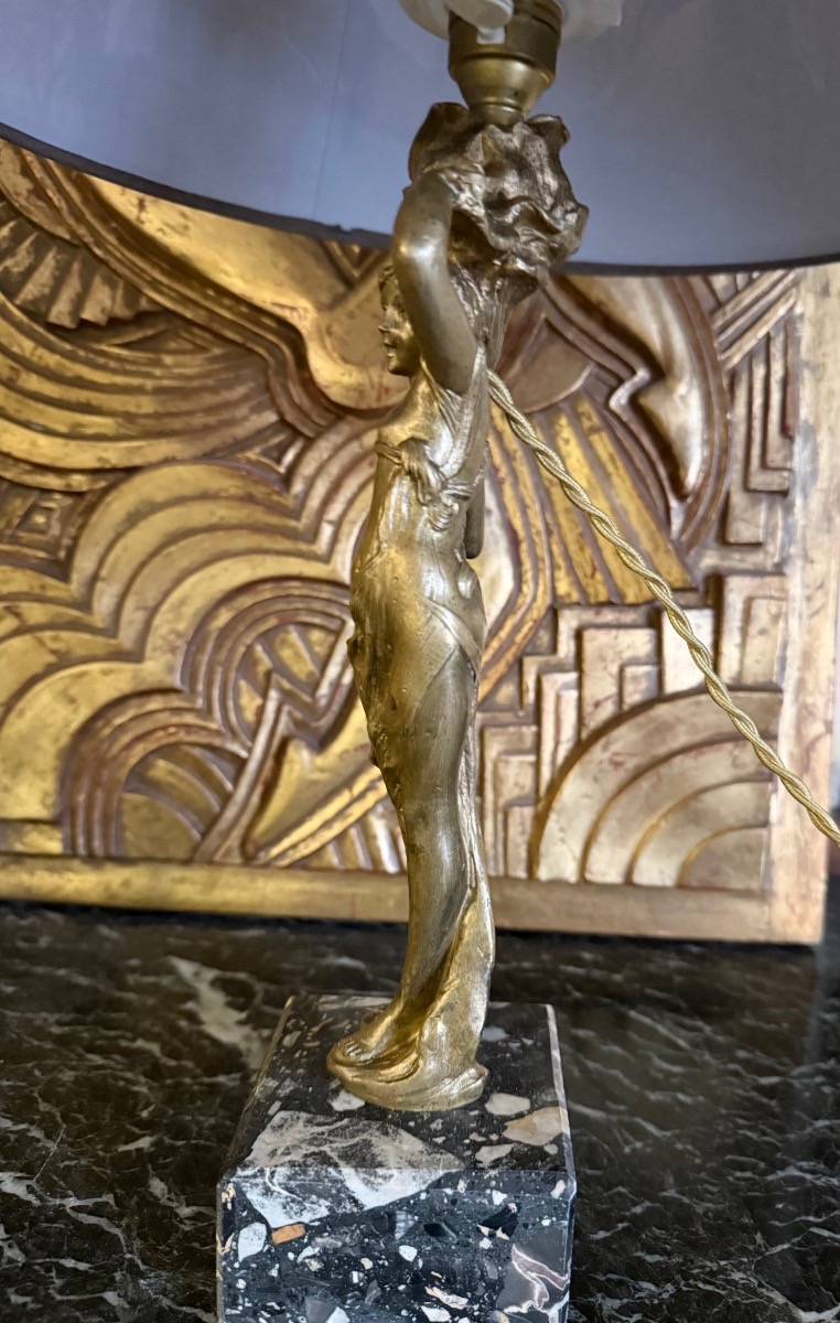 Art Nouveau Lamp, “young Woman With A Cornucopia,” Gilded Bronze Sculpture -photo-3