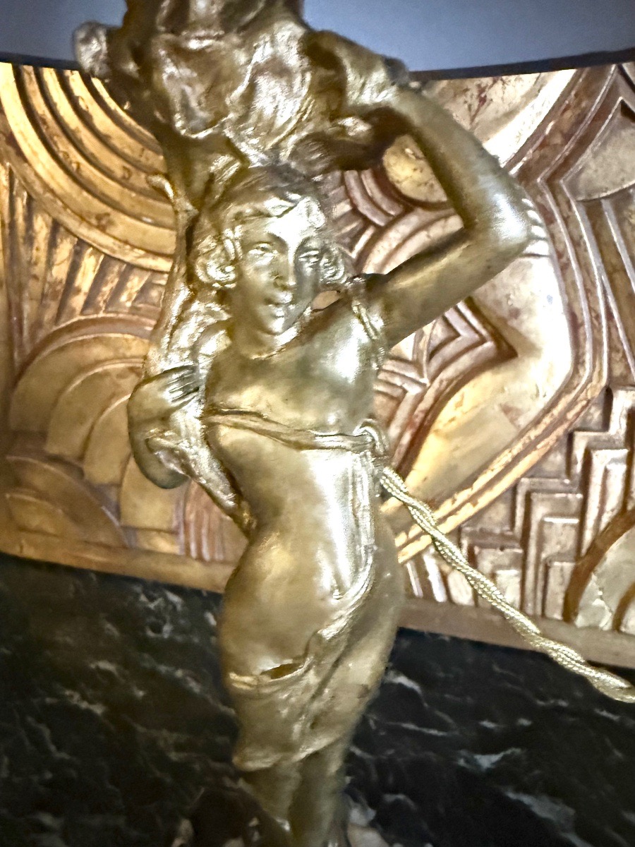 Art Nouveau Lamp, “young Woman With A Cornucopia,” Gilded Bronze Sculpture -photo-1
