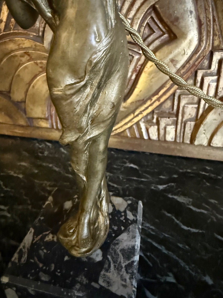 Art Nouveau Lamp, “young Woman With A Cornucopia,” Gilded Bronze Sculpture -photo-2