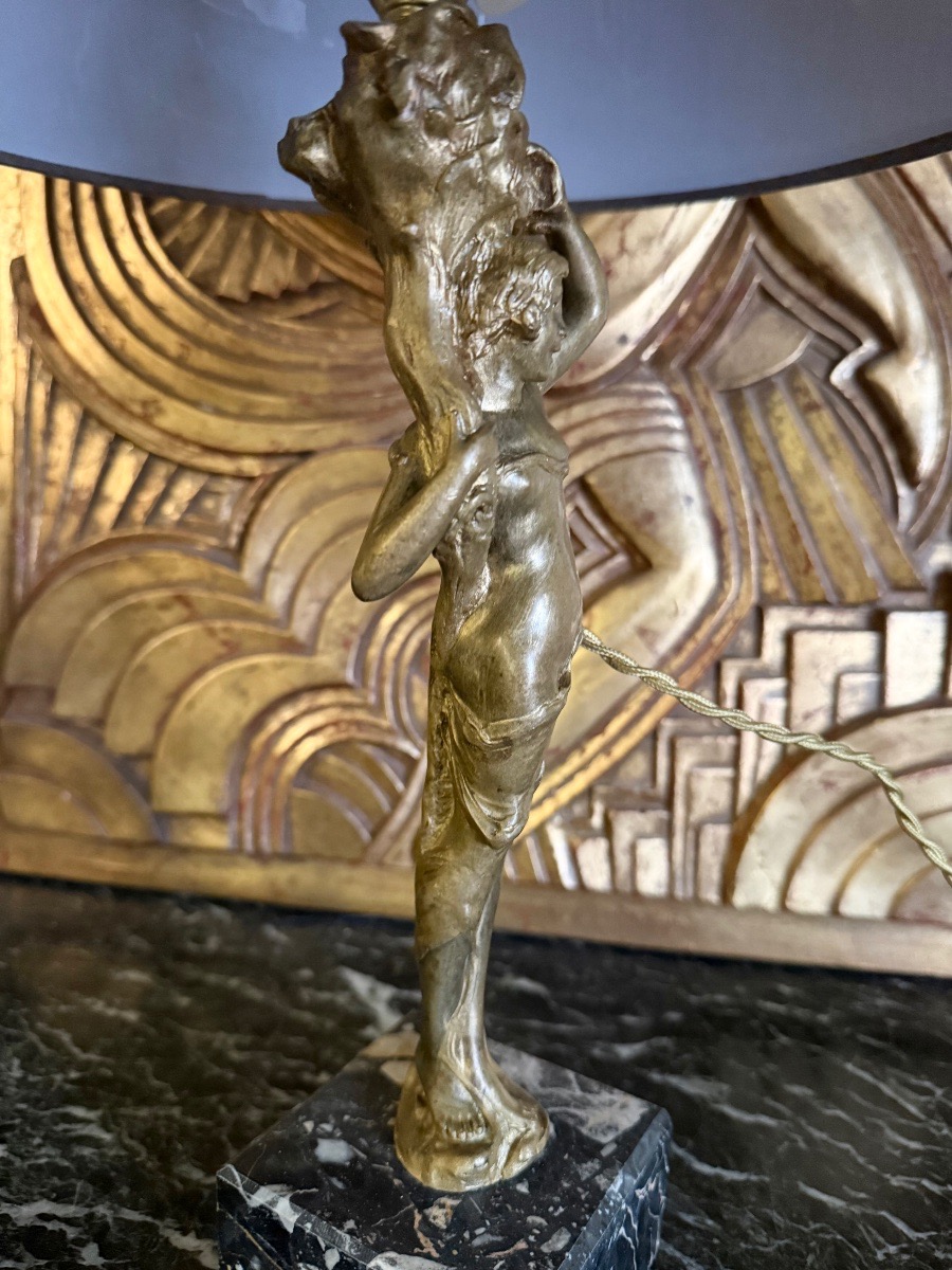 Art Nouveau Lamp, “young Woman With A Cornucopia,” Gilded Bronze Sculpture -photo-3