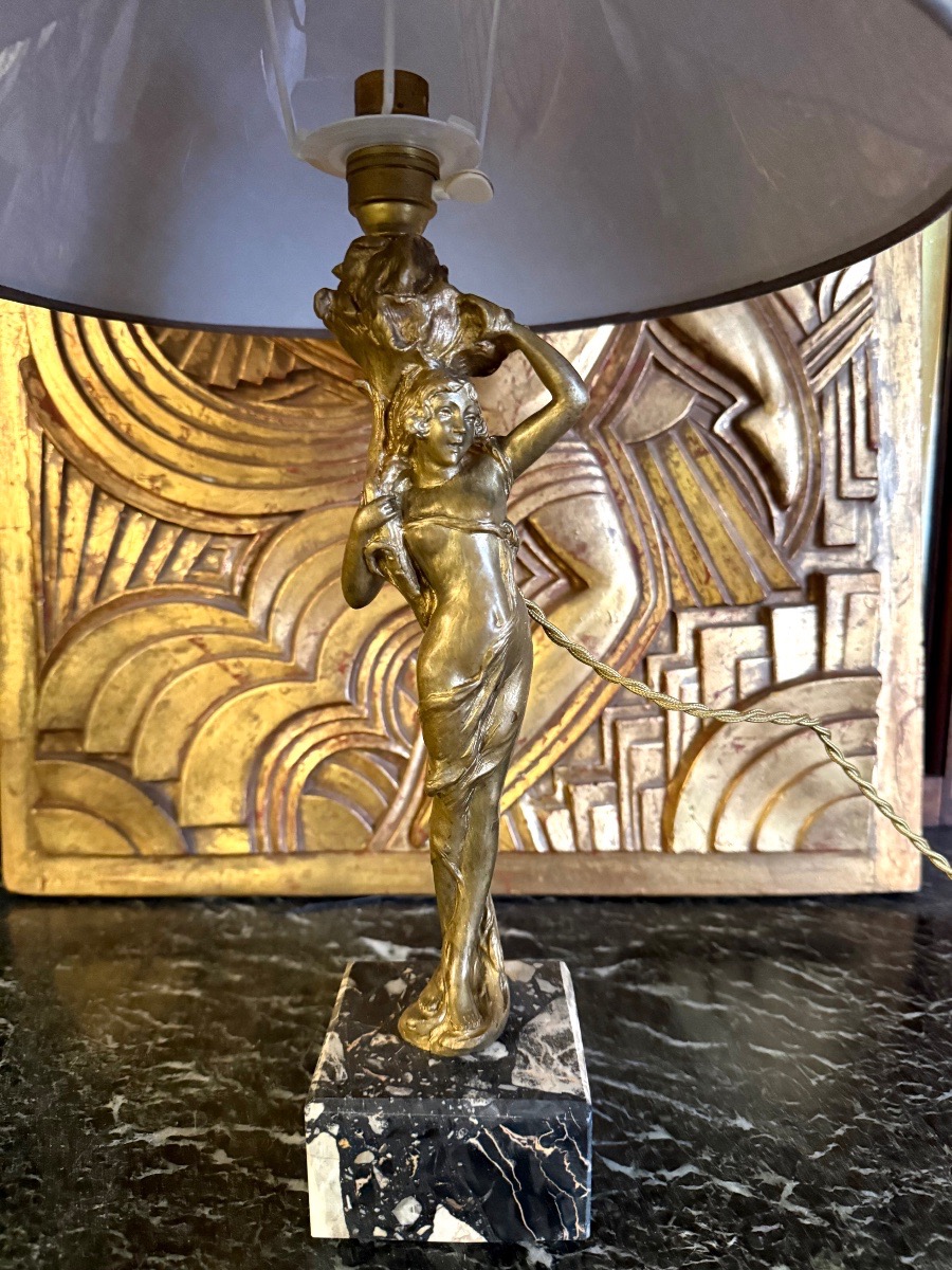 Art Nouveau Lamp, “young Woman With A Cornucopia,” Gilded Bronze Sculpture -photo-4