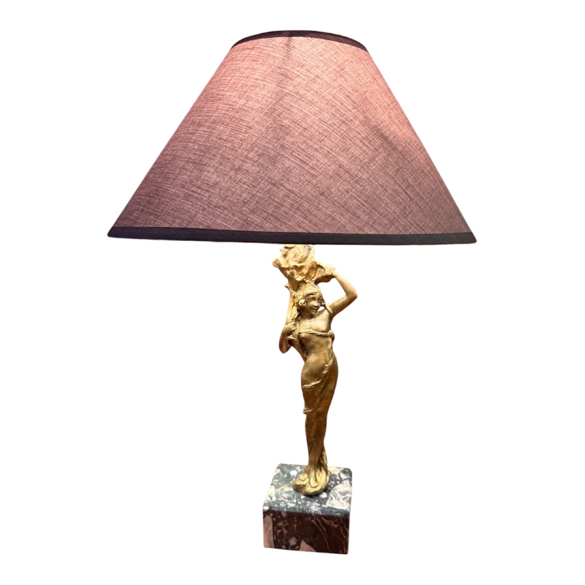 Art Nouveau Lamp, “young Woman With A Cornucopia,” Gilded Bronze Sculpture 