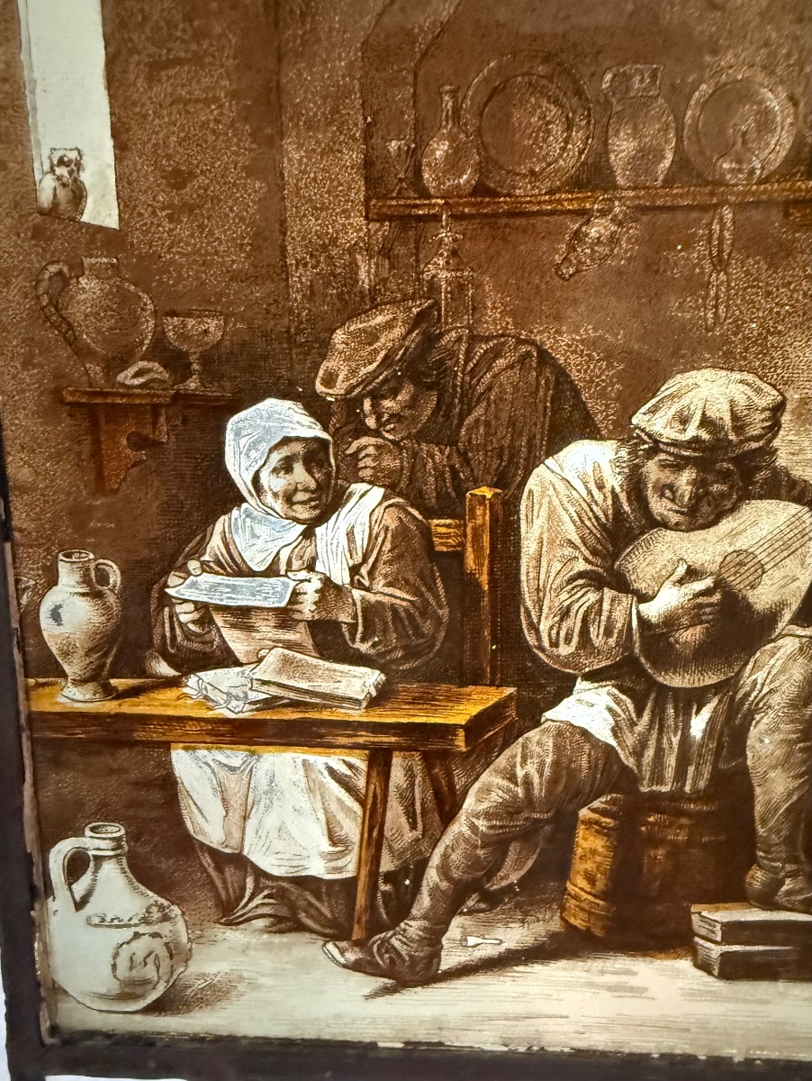 Stained-glass Window In Grisaille And Silver Yellow: A Flemish Tavern Scene Based On Ad-photo-3