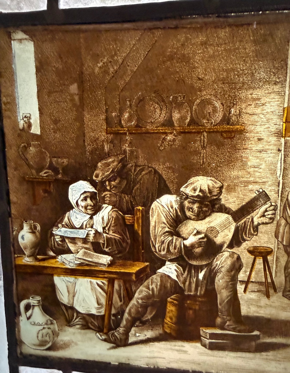 Stained-glass Window In Grisaille And Silver Yellow: A Flemish Tavern Scene Based On Ad-photo-2