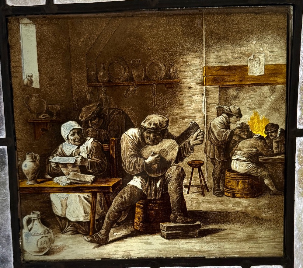 Stained-glass Window In Grisaille And Silver Yellow: A Flemish Tavern Scene Based On Ad