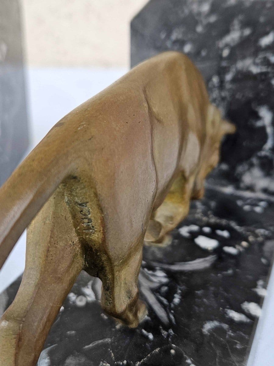 Pair Of Art Deco Bookends—bronze Bulls Signed “luca” On Veined Black Marble Bases-photo-3