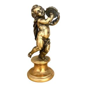 Statue Ancienne en Bronze Doré Chérubin au Tambourin – Signée Clodion / Georges