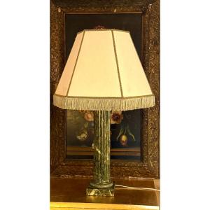 Lampe Colonne Cannelée en bois peint faux marbre Néoclassique / E