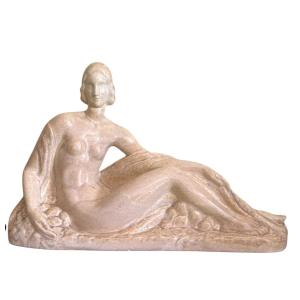Large Art Deco Ceramic Statue Of A Reclining Nude Woman, Signed By Odyv