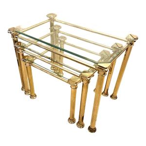 Maison Lancel Tables gigognes style Hollywood Regency – Laiton et verre – Années 70/80