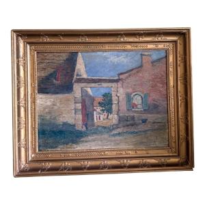 Tableau XIXe/XXe - Scène Rurale Cour de Ferme - Huile sur Carton Pochade Se